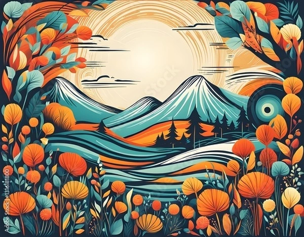 Obraz This image is a vibrant, stylized landscape artwork featuring a mountainous scene with lush floral foreground elements.