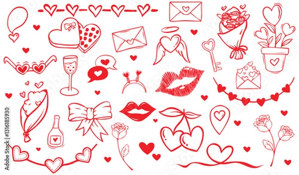 Fototapeta Assorted Valentine themed objects are presented on a white background