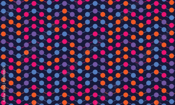 Fototapeta Abstract Geometric Pattern with Colored Circles on a Dark Background. Blue, Orange, and Pink Dots in a Zigzag Line. Download for Creative Use