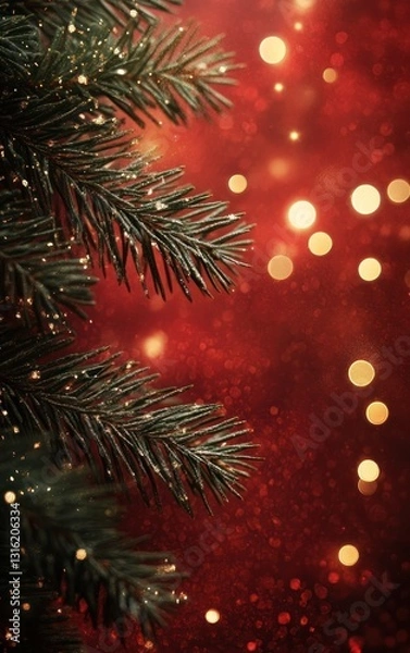 Fototapeta Festive Christmas fir branch with bokeh lights on red background.