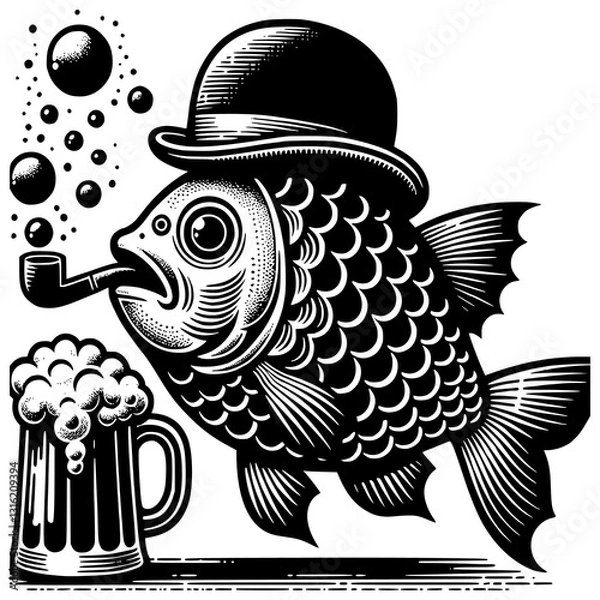 Fototapeta Whimsical Fish with Mug: A charming illustration of a fish wearing a bowler hat, puffing on a pipe, and holding a frothy mug of ale, showcasing a unique and humorous character.