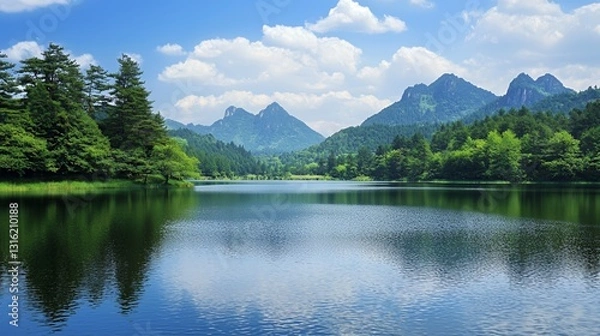 Obraz Serene Mountain Lake Landscape with Lush Green Foliage under a Blue Sky