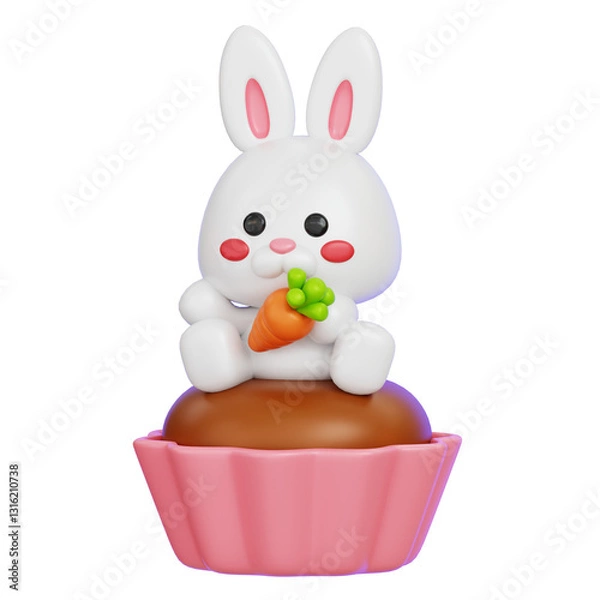 Obraz Cute easter bunny holding carrot is sitting on cupcake isolated 3D render illustration