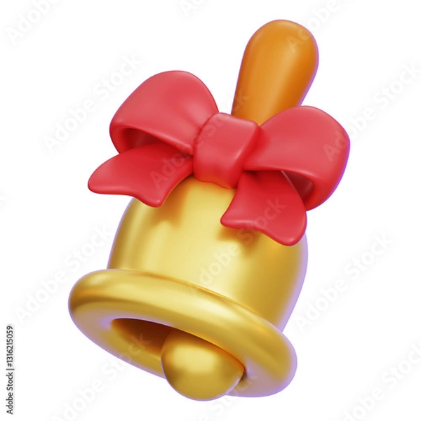 Obraz Golden bell with red ribbon bow isolated. 3D render illustration.