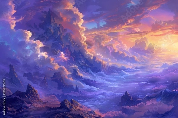 Fototapeta Mystical mountain landscape with vibrant clouds and celestial moon