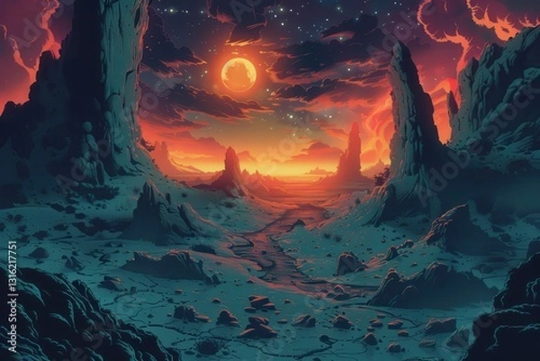 Fototapeta A vibrant landscape of a canyon with a glowing moon and river running through the middle