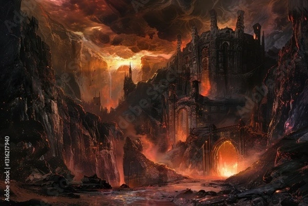 Fototapeta Dark Fantasy Landscape with Volcanic Eruption and Ancient Castle Ruins