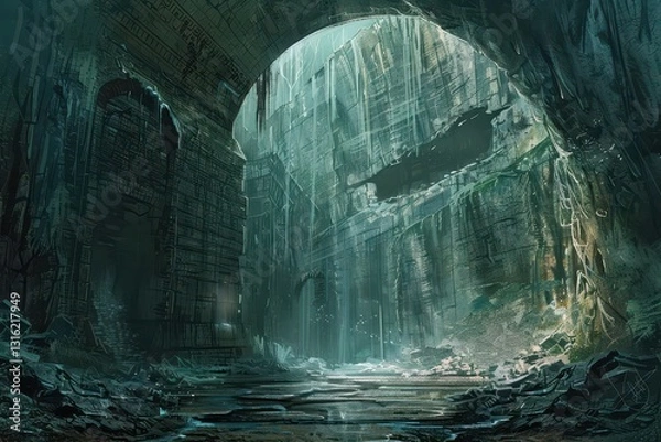 Fototapeta Ancient underground city ruins with overgrown vegetation and water reflection