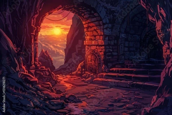Fototapeta Mysterious stone archway leading to a forgotten realm bathed in the warm hues of the setting sun