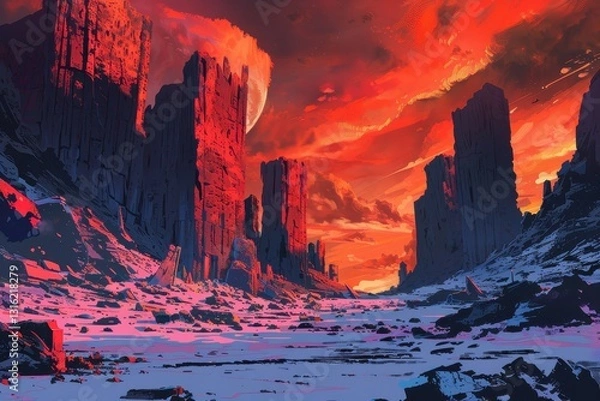 Fototapeta Snowy canyon landscape with red rocks under a dusky red sky