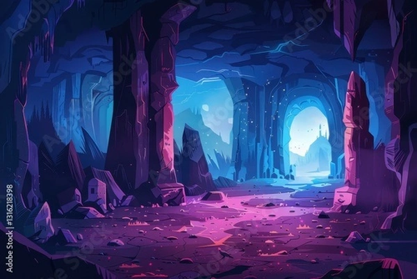 Fototapeta Mystical Glowing Cave Entrance with Rocky Pillars and Distant City
