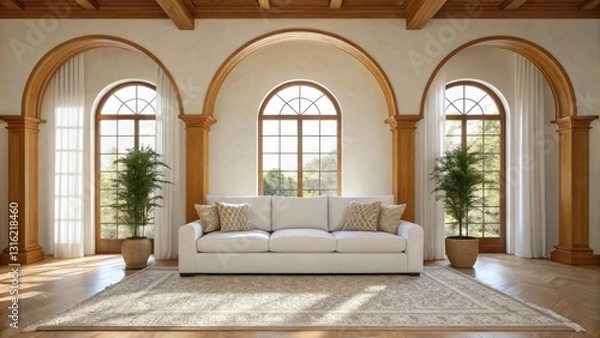Fototapeta A bright, modern living room featuring a white sofa, decorative pillows, large windows, and green plants, creating a warm and inviting atmosphere.