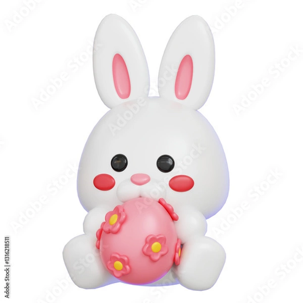 Obraz White rabbit holding floral Easter egg isolated. 3D render illustration 