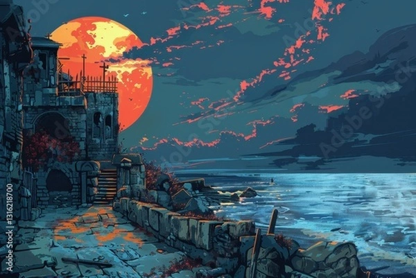 Fototapeta Dark Fantasy Landscape with Tower and Setting Moon Overlooking the Sea