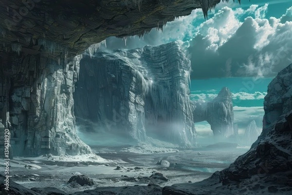 Fototapeta Mysterious Icy Cavern Entrance with Towering Icicles and Rocky Snow Covered Landscape