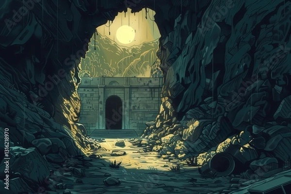 Fototapeta Ancient temple ruins in a mysterious cavern bathed in moonlight