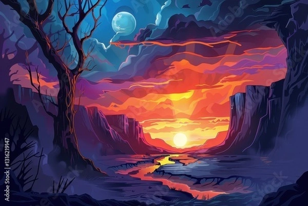 Fototapeta Colorful canyon landscape with a setting sun and moon