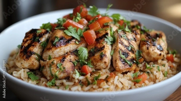 Fototapeta A symphony of flavors unfolds as seasoned rice, adorned with perfectly grilled chicken masterpieces, explodes with aromatic delight. Vibrant slices of red and green peppers, alongside fresh parsley,