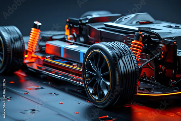 Fototapeta Power source for charging battery of beautiful hybrid electric car on road, abstract vivid composition consists of fictional unreal fantastic vision on background