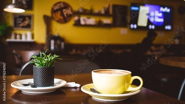 Obraz Cozy Coffee Shop Atmosphere A Cup of Latte and a Small Plant