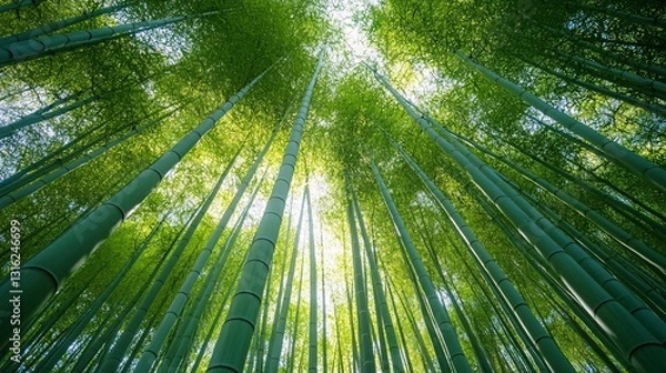 Fototapeta Looking upwards through a dense grove of tall green bamboo trees