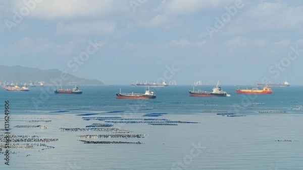 Fototapeta Several fishing boats in the sea off Sriracha in Chonburi Province, Thailand.Wide angle view of the sea in Sriracha