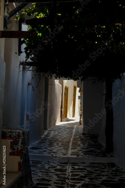 Obraz Narrow alley with tunnel and with whitewashed walls and stone pavement leading to a courtyard in the Greek Islands, Greece