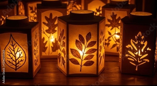 Fototapeta Glowing Leaf Lanterns Create a Warm and Cozy Indoor Atmosphere
