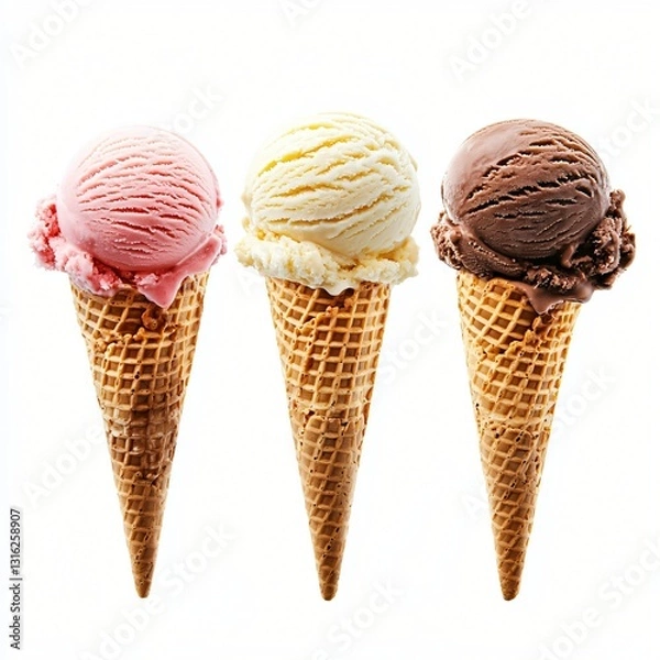Fototapeta Delicious Triple Scoop Ice Cream Cones Strawberry Vanilla Chocolate