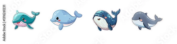 Fototapeta Set of Happy Cartoon Whales in Vibrant Colors