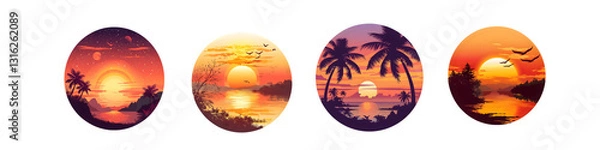 Fototapeta Dreamy Circular Sunset Designs with Oceans and Birds