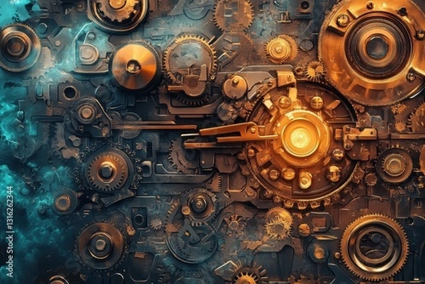 Fototapeta Complex mechanical gears and machine components in a close up view