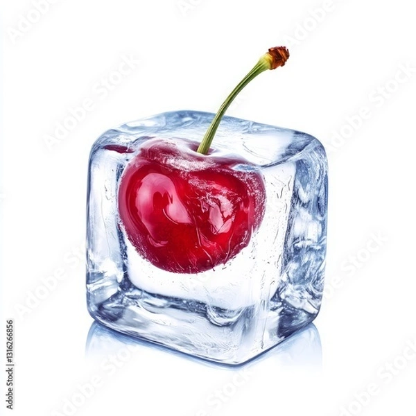 Fototapeta "Red Cherry Encased in Transparent Ice Cube with Protruding Stem"