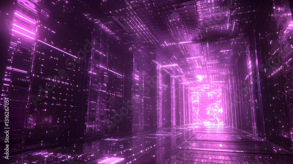 Fototapeta Illuminated Futuristic Tunnel of Shimmering Lines and Rectangles Glowing in Vibrant Violet