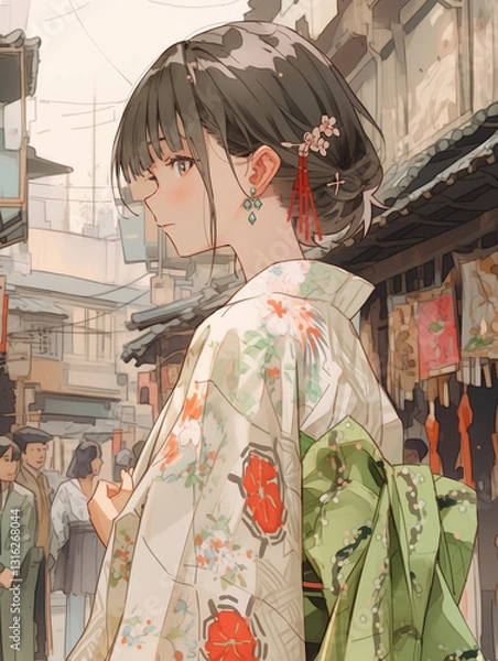 Fototapeta 伝統的な街並みを歩く着物姿の少女