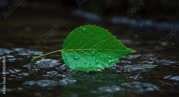 Fototapeta Green Leaf Floating on Water with Rain Drops in Nature Setting