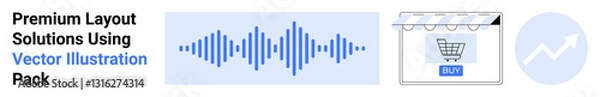 Fototapeta Shopping cart under a storefront, soundwave graphic, and upward trend graph. Ideal for online shops, marketing, analytics, digital growth, financial strategies, technology updates flat landing page