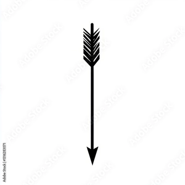 Fototapeta "Black and White Arrow Illustration with Detailed Feathered Fletching – Vertical Design with Downward Pointing Arrowhead"