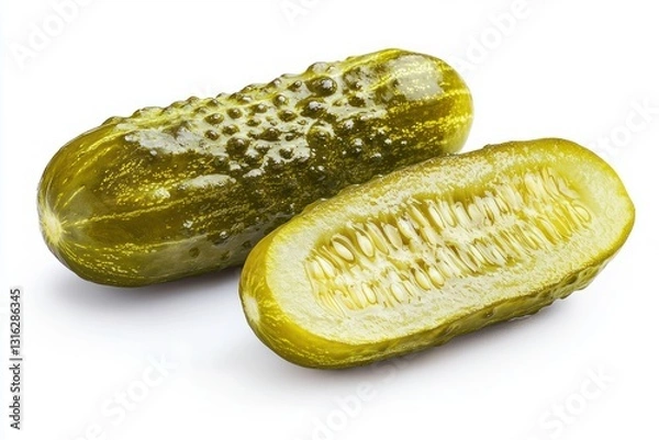 Fototapeta Crisp sour dill pickle with a sliced half showcasing juicy seeds on bright white modern background macro photography