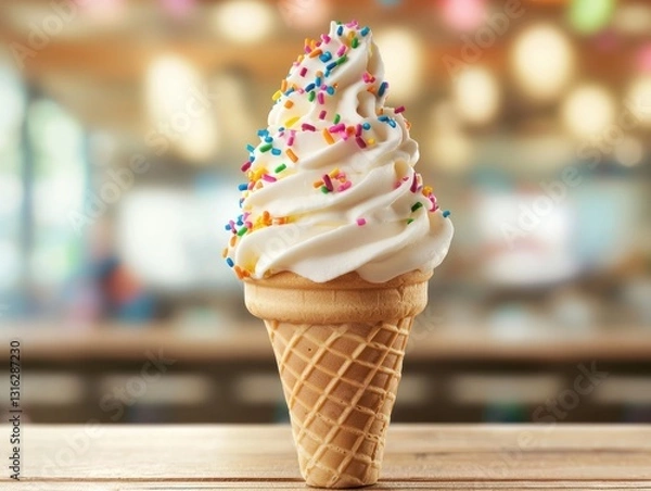 Fototapeta Vanilla soft serve ice cream cone with sprinkles on wooden table with blurred background