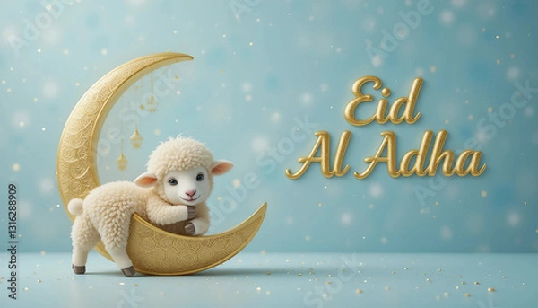 Obraz A sheep hugging a crescent moon with word "Eid Al-Adha", symbolizing the Eid Adha celebration concept. Suitable for marketing or business purposes