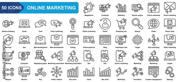 Fototapeta Online marketing collection icon set. Megaphone, Statistics, Email marketing, Global marketing, Email, Chat, Video marketing, Online shop. Simple line vector.