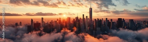 Obraz Aerial View of City Skyline at Sunset with Colorful Clouds