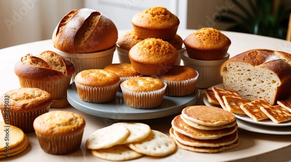 Fototapeta A fresh selection of sourdough bread muffins and puff pastry beautifully arranged on a white table for a delightful breakfast food photography wallpaper stock photo for menu