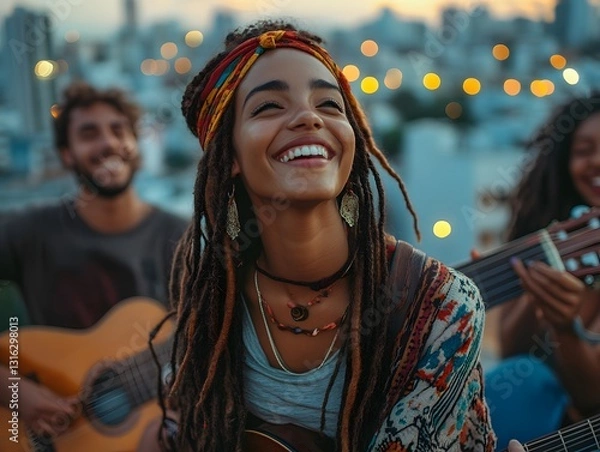 Obraz Joyful Rooftop Jam Session Under City Lights