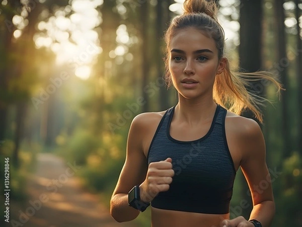 Obraz Young Woman Running Through a Serene Forest in the Morning Light