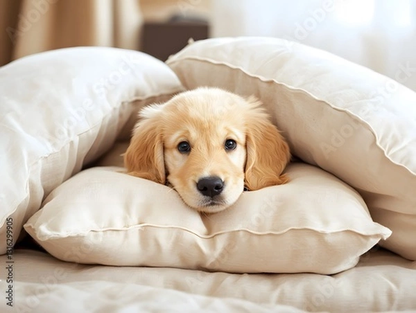 Obraz Adorable Golden Pup Nestled in a Soft Pillow Nest