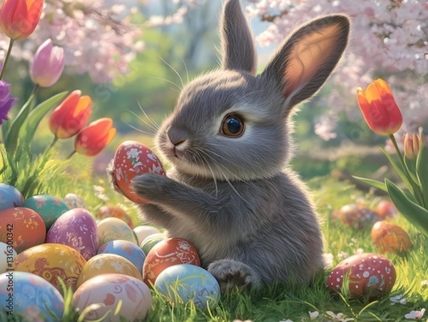 Obraz Fluffy Gray Bunny Surrounded by Vibrant Easter Eggs in a Spring Garden