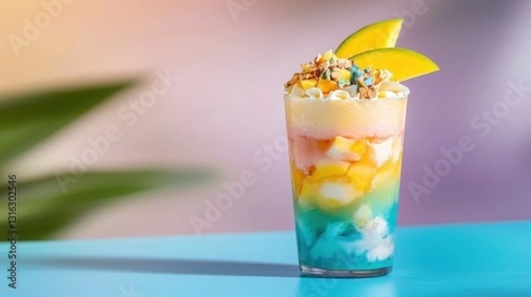 Fototapeta Colorful layered mango smoothie dessert with tropical fruit toppings on a blue table sunshine background