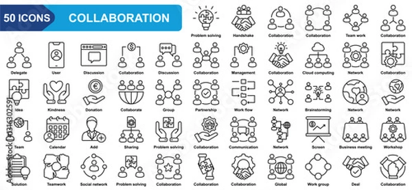 Fototapeta Collaboration collection icon set. Problem solving, Handshake, Team work, Delegate, User, Discussion, Management, Network. Simple line vector.